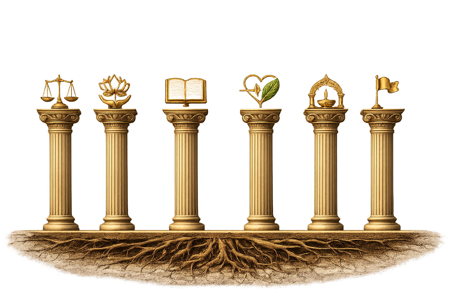 Six golden pillars, each crowned with a value emblem — scales, lotus, book, heart, lamp and flag — rising from shared roots